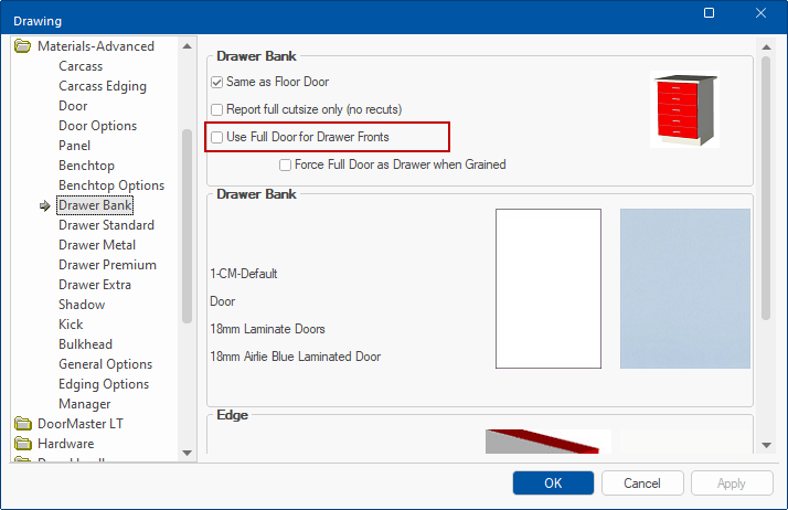Door and Drawer Material Settings